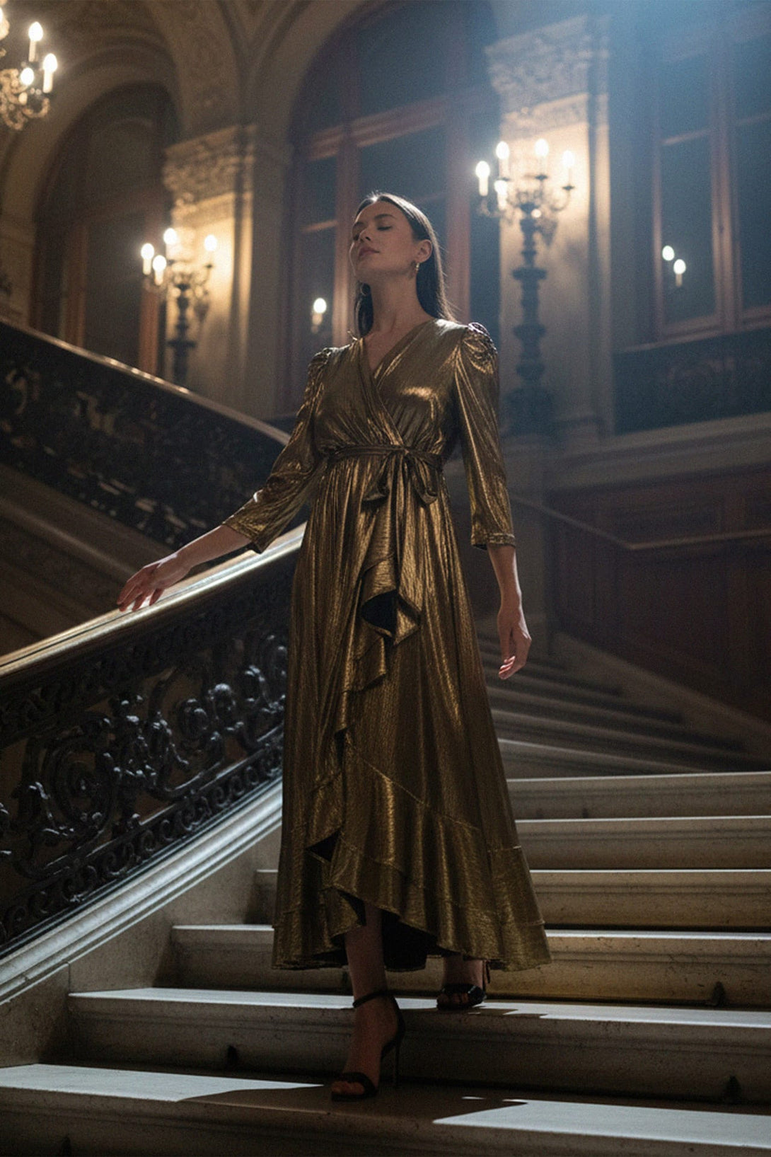 Long Sleeve Gold Metallic Maxi Dress, Shahida,