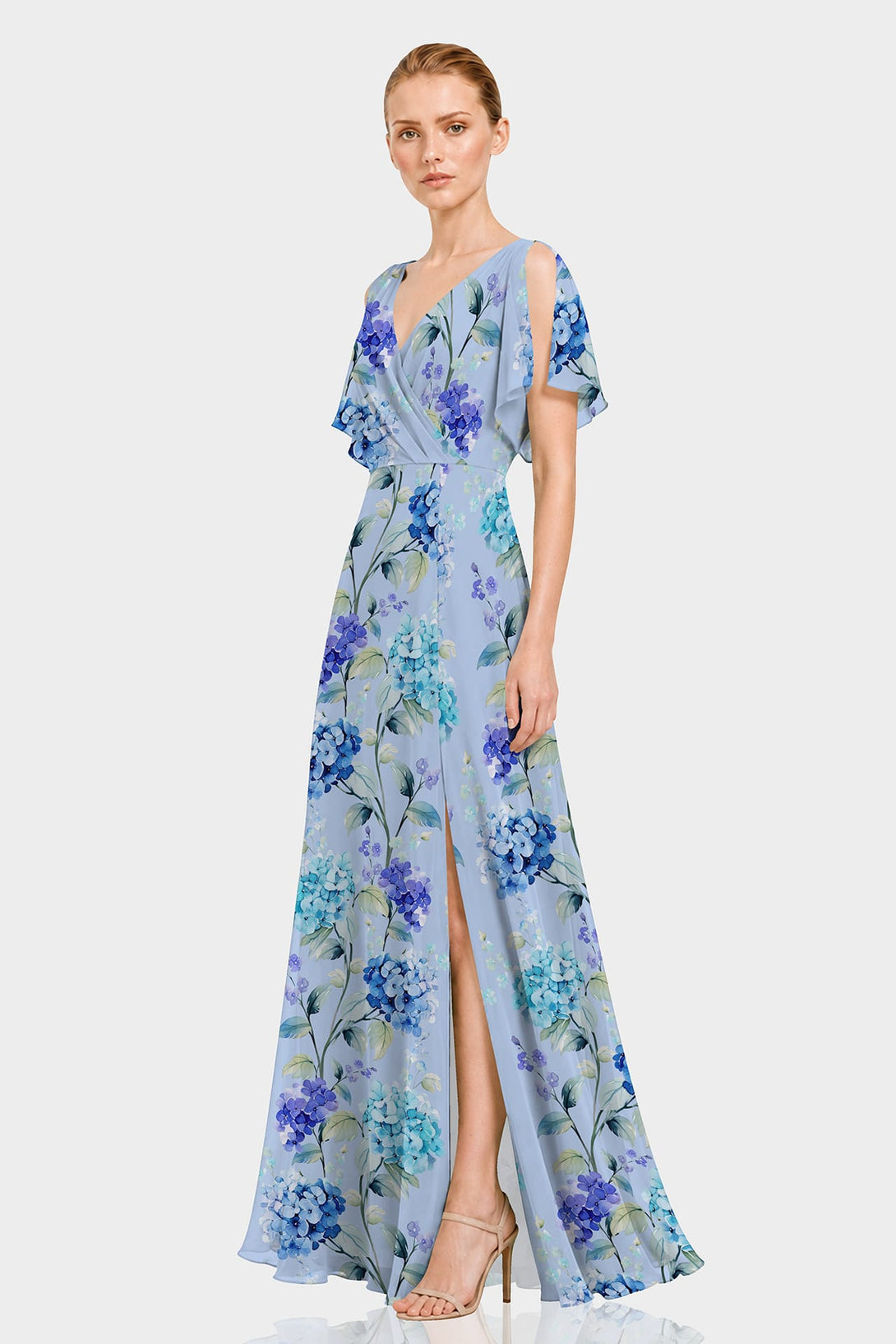 Sky Blue Hydrangea Floral Cold Shoulder Chiffon Maxi Dress