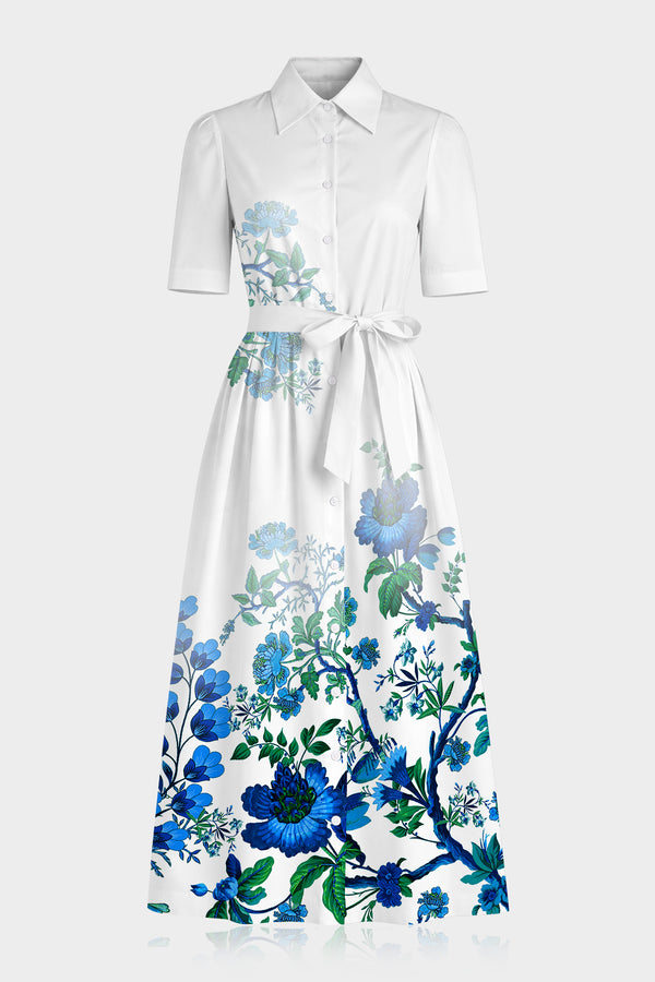 S Blue Floral Cotton Poplin Midi Shirt Dress