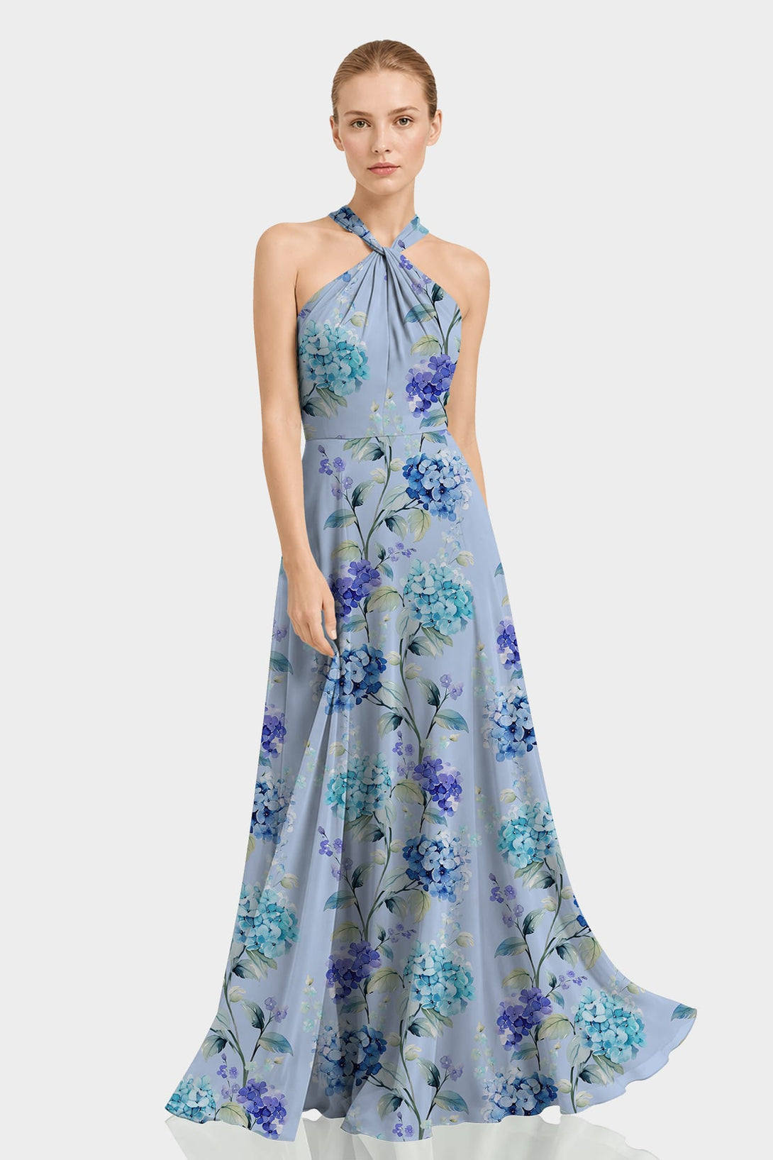 S Blue Floral Print Twist Halter Maxi Dress