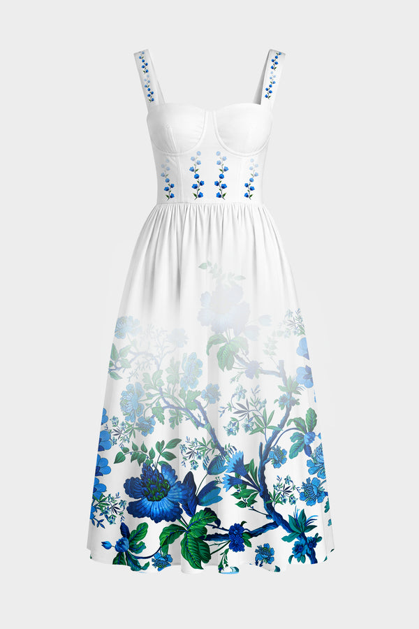 S Blue Floral Cotton Poplin Bustier Maxi Dress