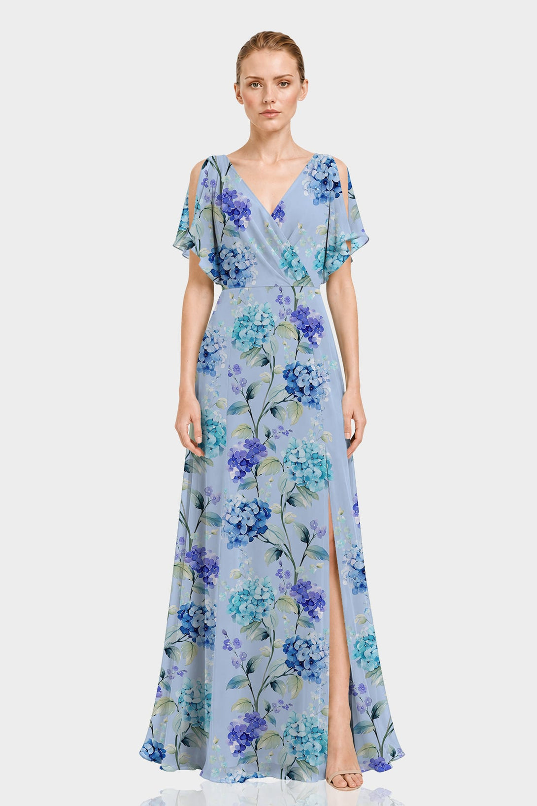 S Hydrangea Floral Chiffon Cold Shoulder Dress
