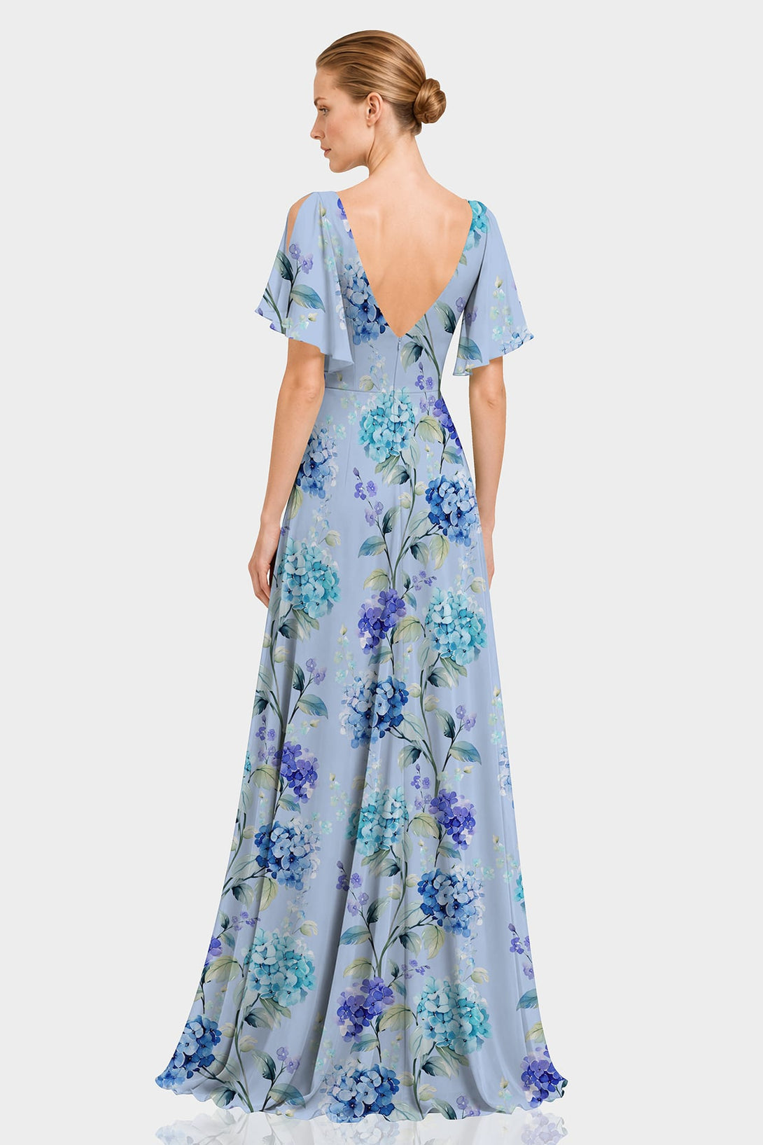 Sky Blue Hydrangea Floral Cold Shoulder Chiffon Maxi Dress