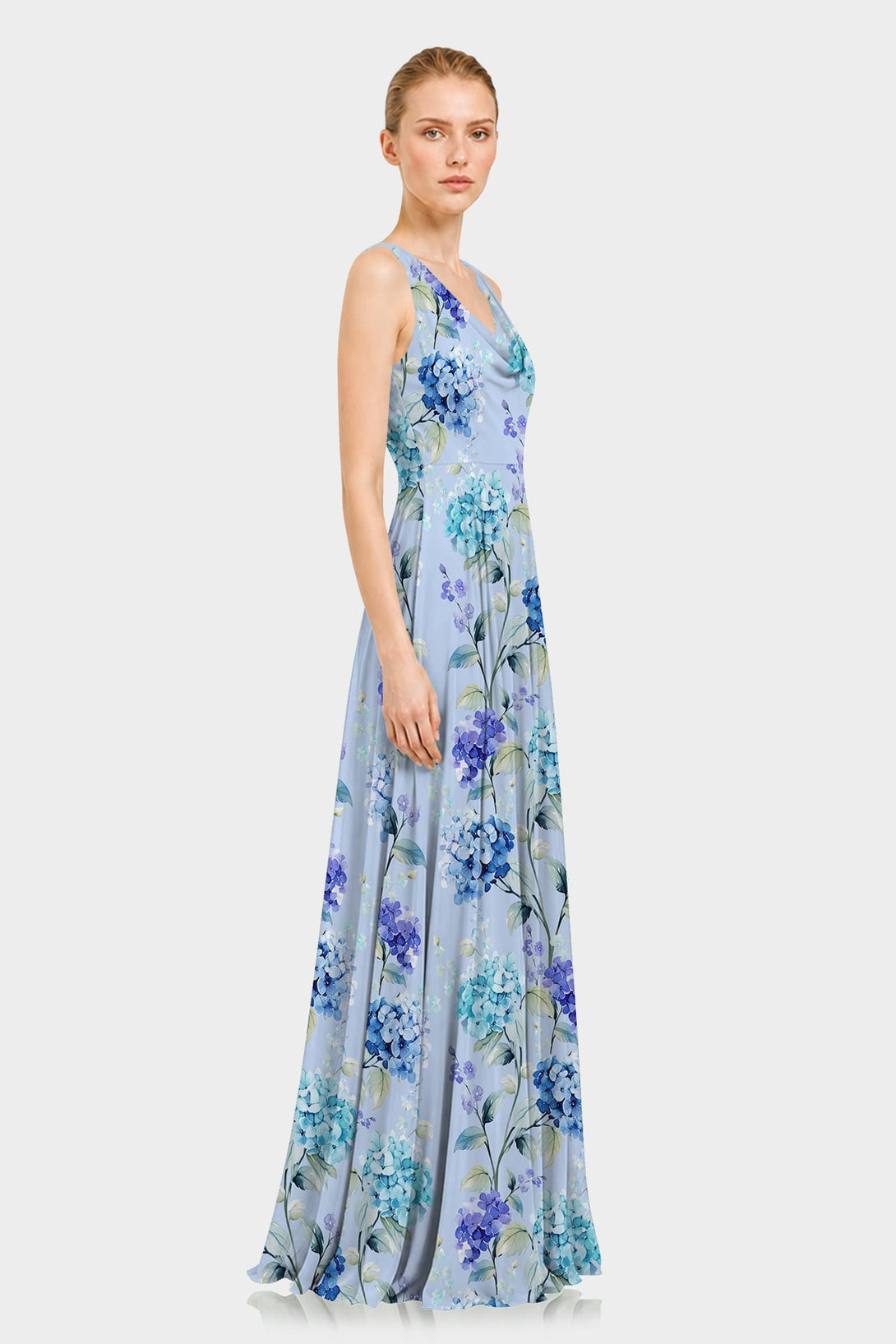 hydrangea dress formal Premium Sky Blue Print Cowl Neck Chiffon Maxi Gown dry vertically Detail