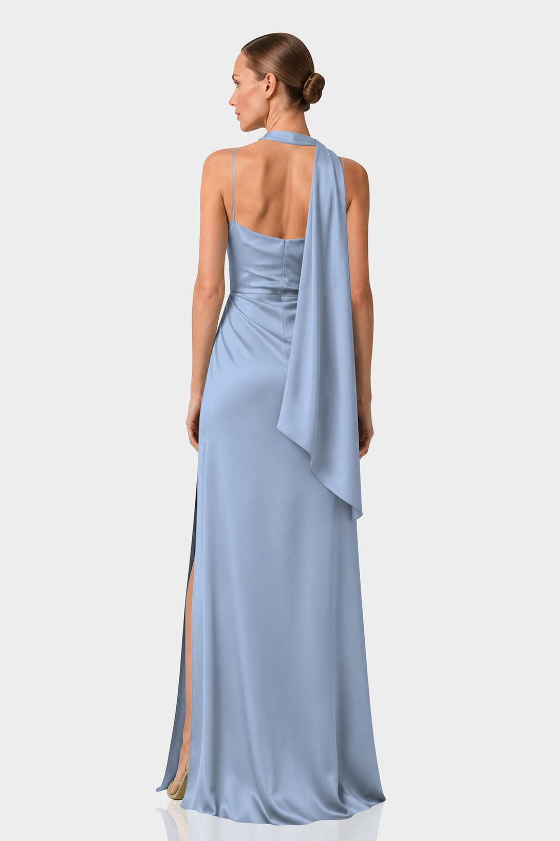 Sky Blue Hydrangea Print Satin Slip Maxi Dress