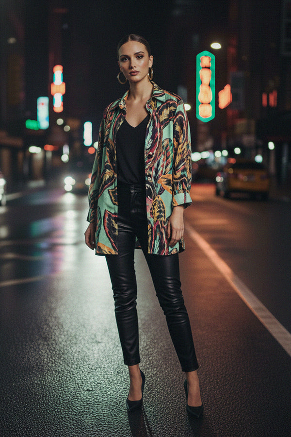 leaf print dress, mint shirt dress, Shahida Parides, street style, night fashion, long sleeve outfit, black pants, chic design, modern woman, elegant look, printed jacket, stylish wear