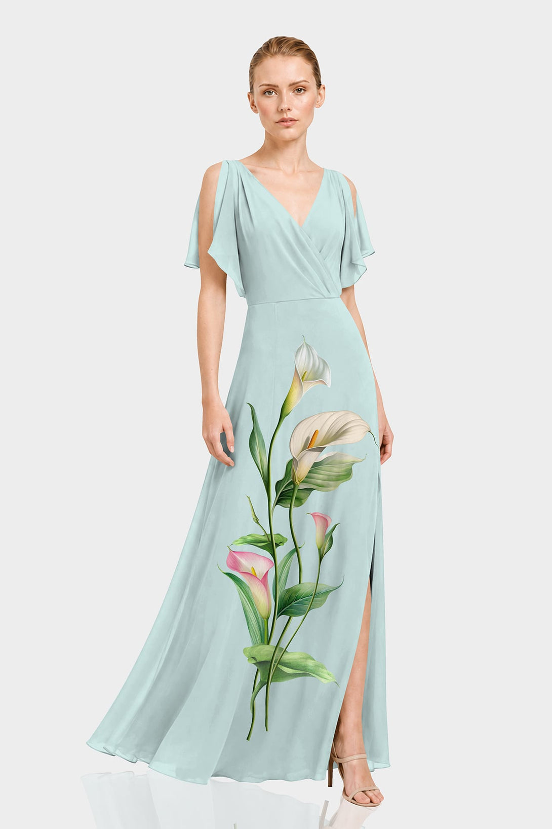 chiffon garden party dresses S Luxury Mint Calla Lily Floral Cold Shoulder Maxi Dress in Georgette Style:Shelby Style-Color-Dim:AP1E213384_AD201_M these dresses are suitable Enchnt Women's Lilac Purple