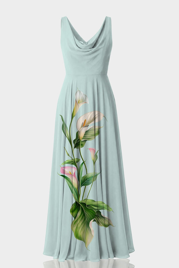 S Luxury Mint Calla Lily Print Draped Cowl Neck Chiffon Georgette Maxi Dress