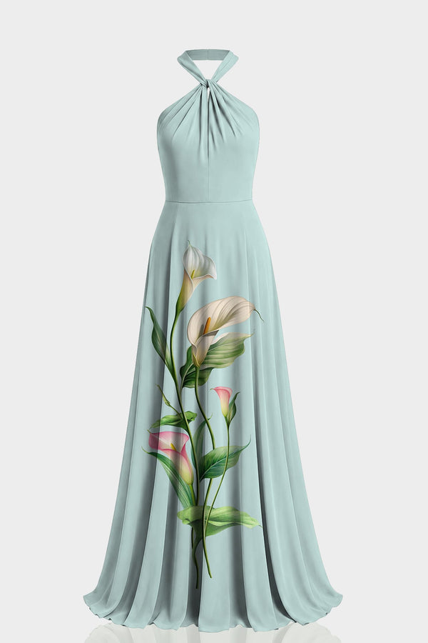 S Luxury Mint Green Calla Lily Print Twist Front Halter Matte chiffon Maxi Dress