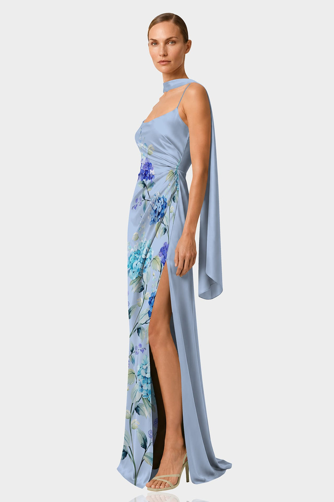 Sky Blue Hydrangea Print Satin Slip Maxi Dress