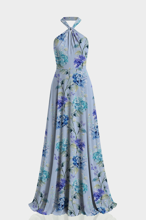 Sky Blue Hydrangea Floral Cold Shoulder Chiffon Maxi Dress
