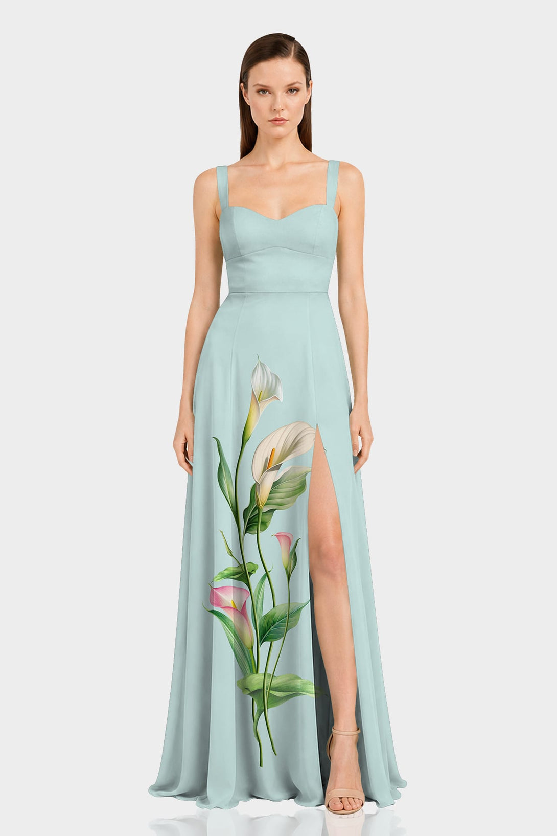 Luxury Mint Calla Lily Print Sweetheart Chiffon Maxi Dress – Shahida Parides
