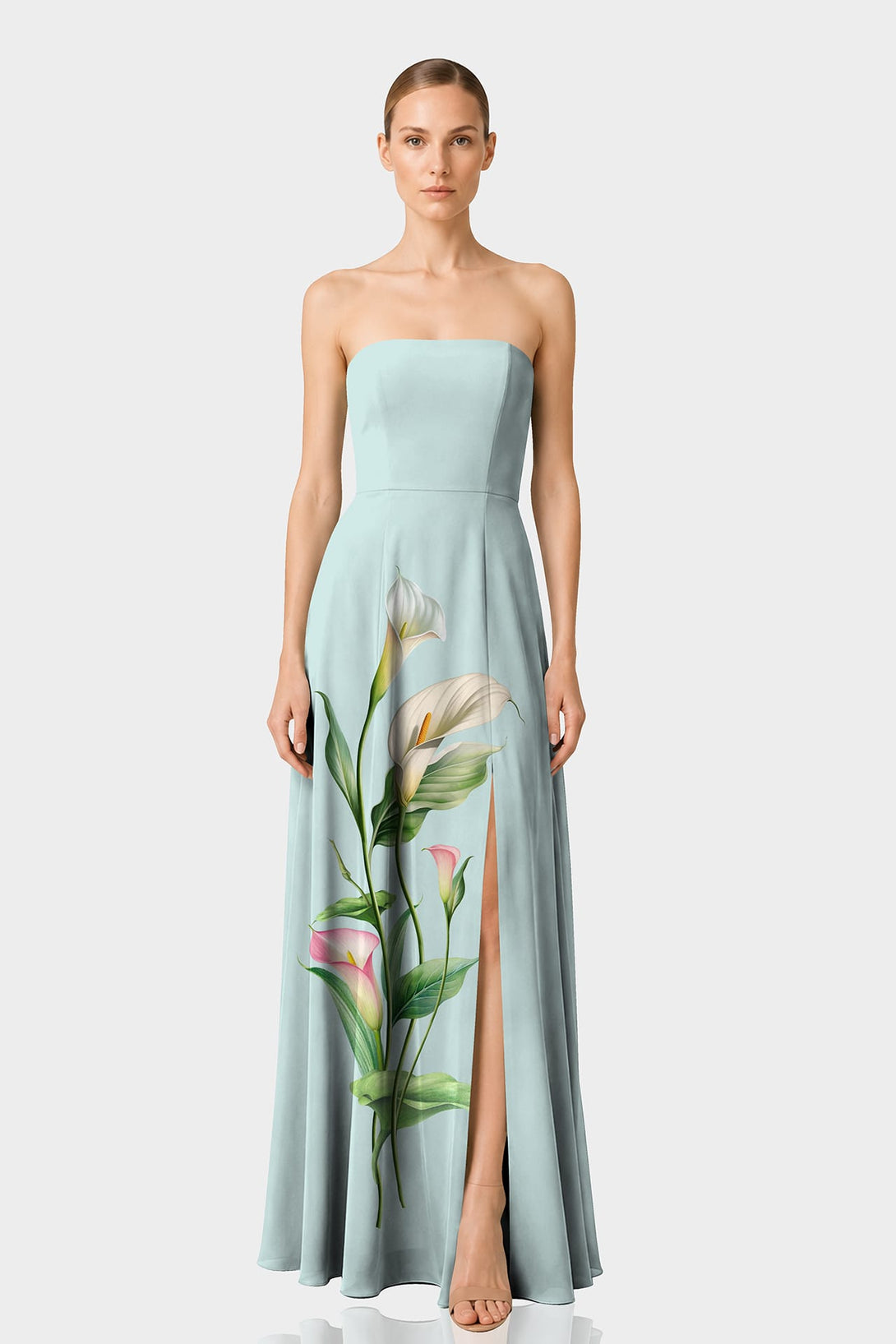 mint green strapless maxi dress Luxury Calla Lily Floral Print Satin Prom dress