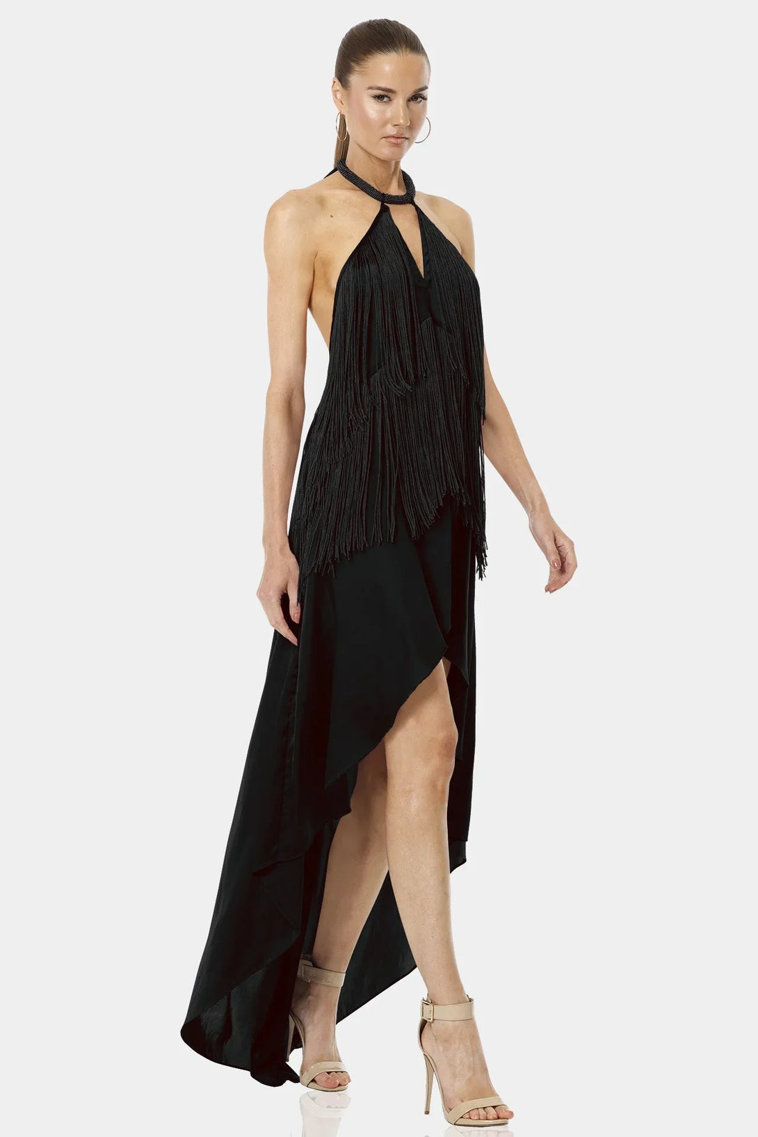 collection halter-neck fringe-hem dress in crepe Black Coast Fringe Hem Cross Neck Midi Dress