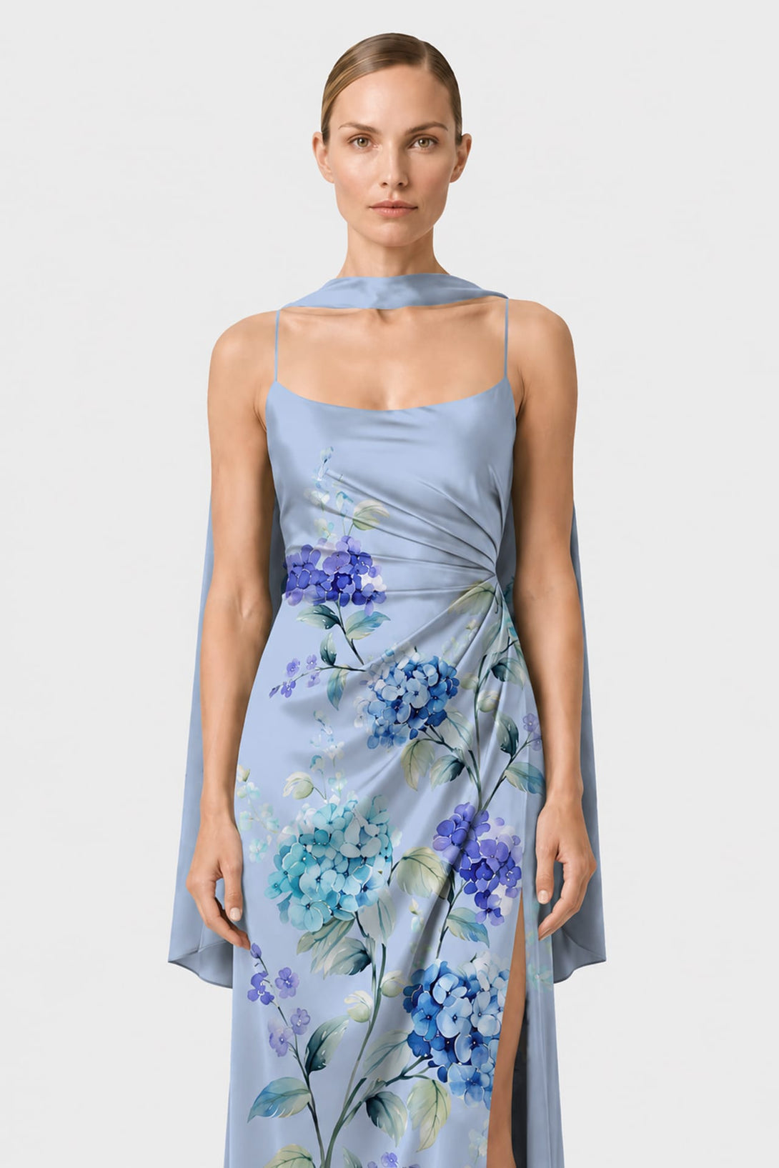 blue silk floral dress S Hydrangea Print Satin Slip Maxi Bridal Gown Inspiration for Womens/Juniors Color:Ivory/Blue/Print 6 in Hips