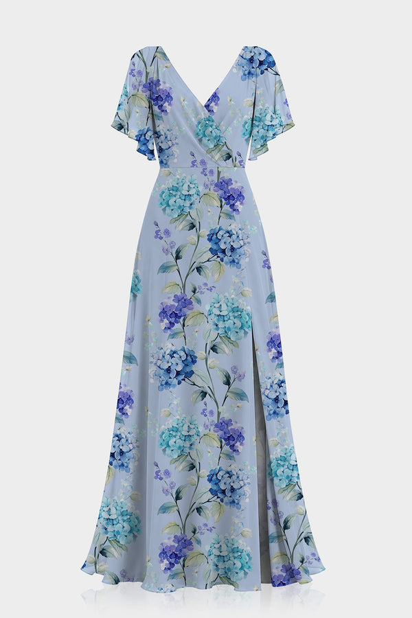 Sky Blue Hydrangea Floral Cold Shoulder Chiffon Maxi Dress