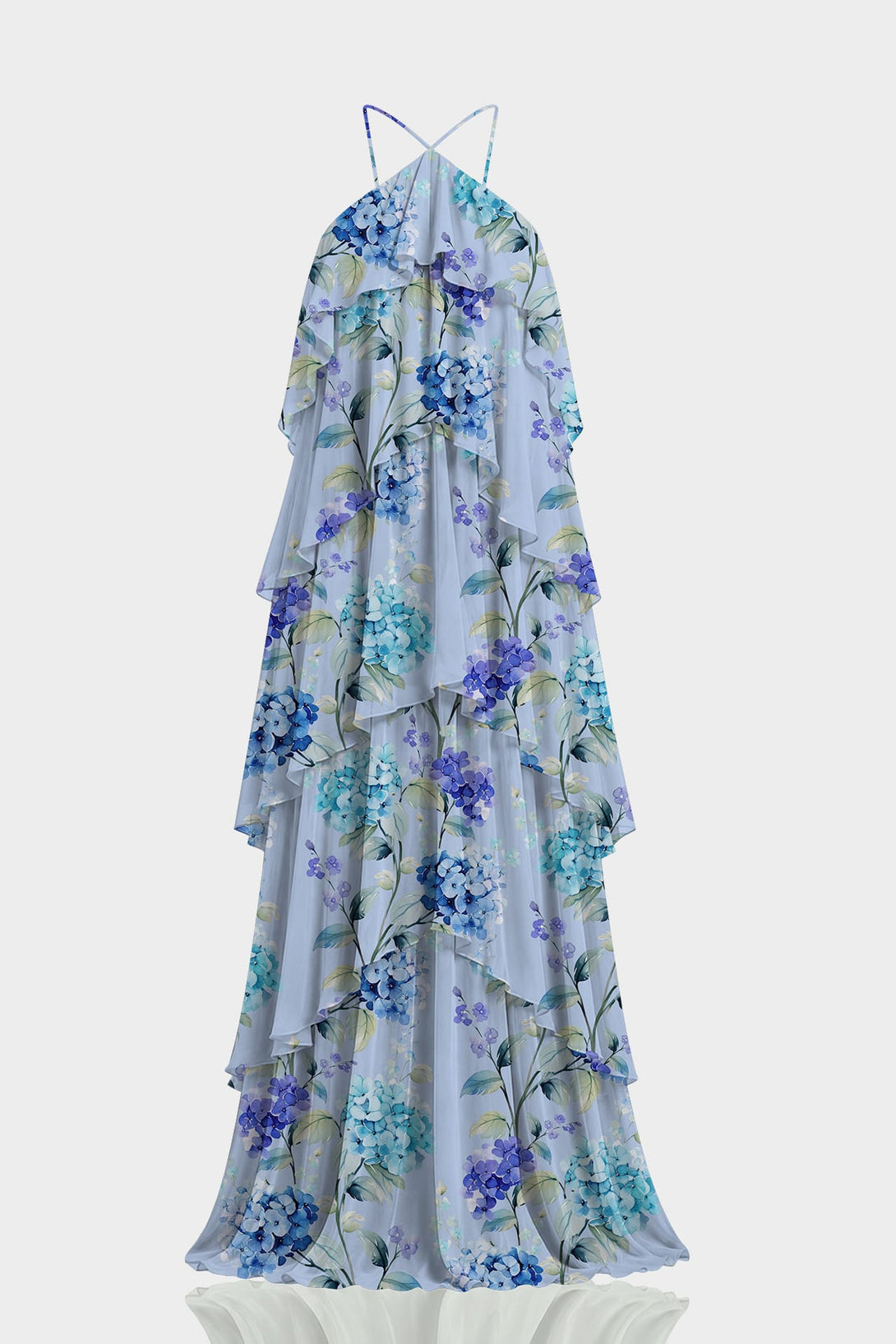 blue hydrangea dress Sky Print Layered Halter Maxi Classic women's black dress 100% Nylon. summer_medium Size:14 UK - 42 XL Organza midi dress