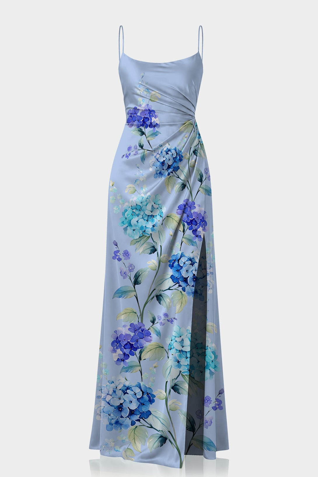 Sky Blue Hydrangea Print Satin Slip Maxi Dress