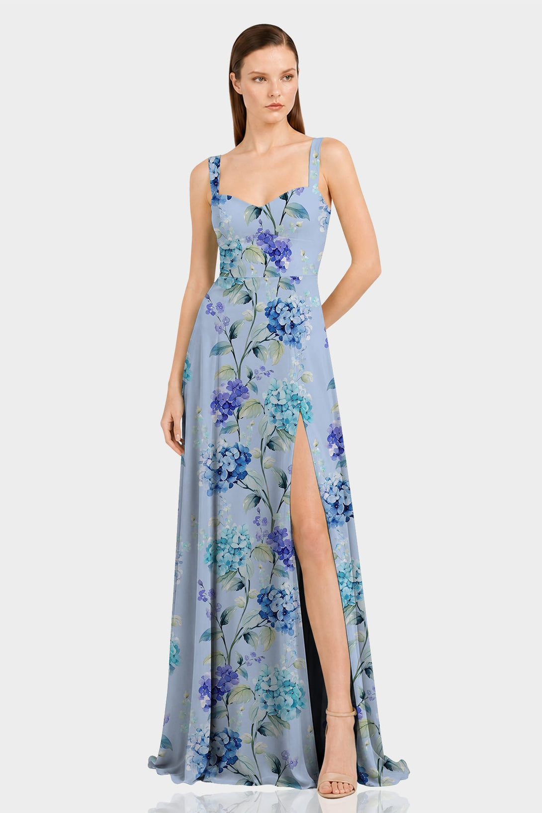 Sky Blue Hydrangea Floral Sweetheart Maxi Dress with High Slit