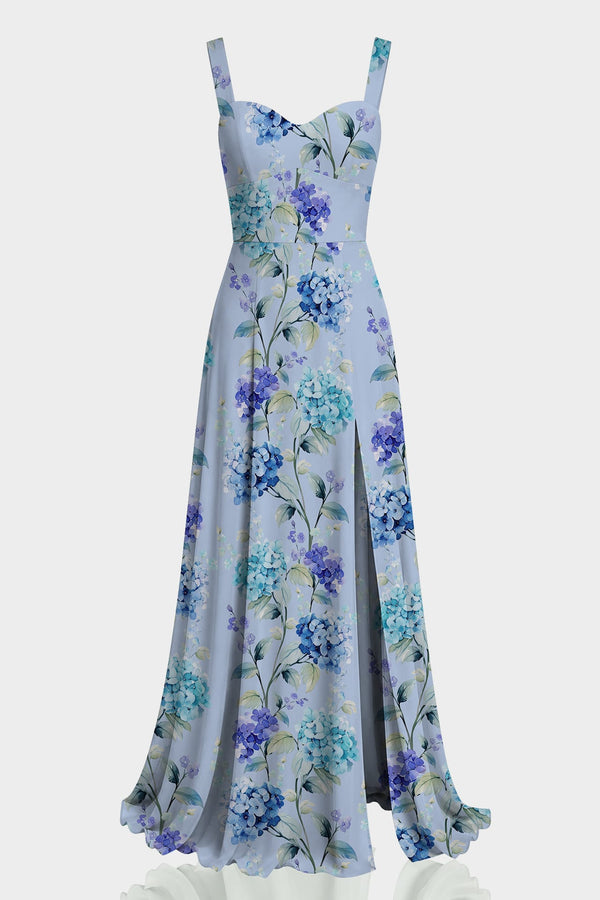 blue floral dress with slit Sky Hydrangea Sweetheart Maxi High blue floral prom dress