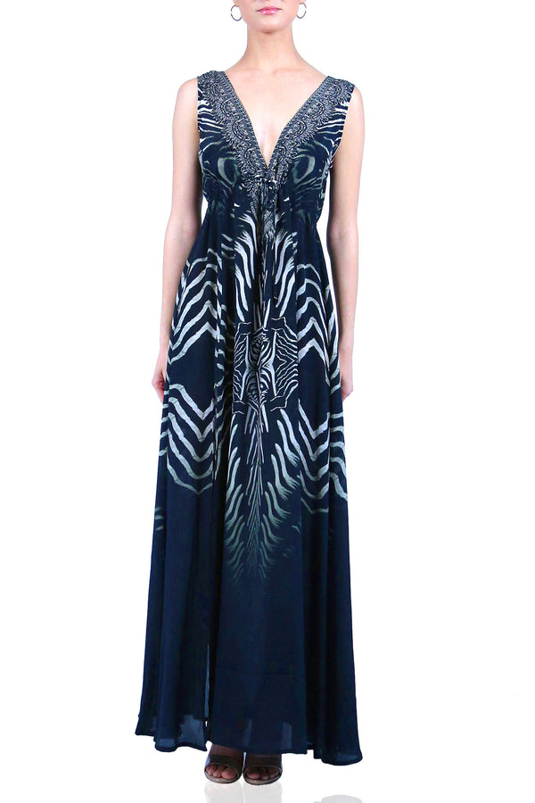 Stripe Print V-Neck Long Dress