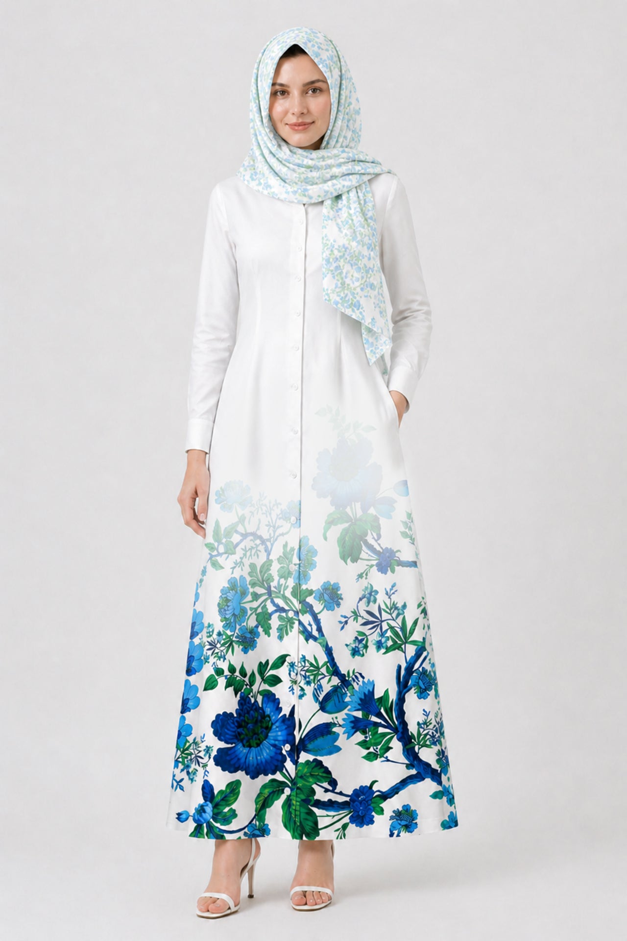 S Blue Floral Maxi Shirt Dress with Pockets