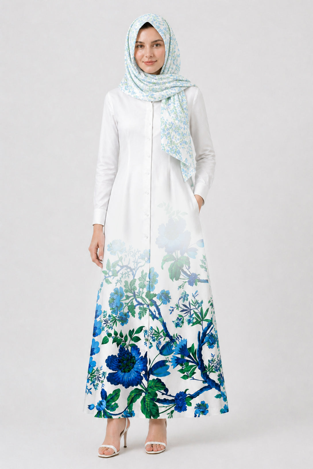 S Blue Floral Maxi Shirt Dress with Pockets