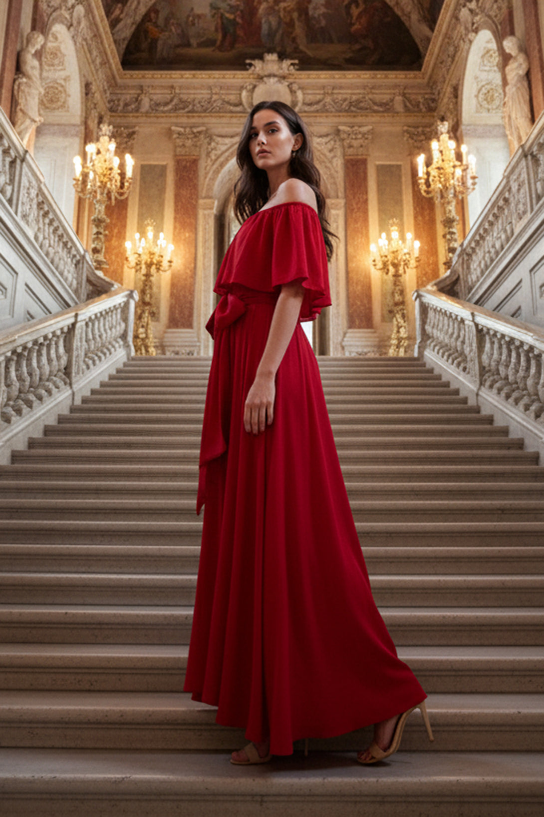 L Elegant Off-Shoulder Red Dress for Women L Elegant Off-Shoulder Red Dress for Women