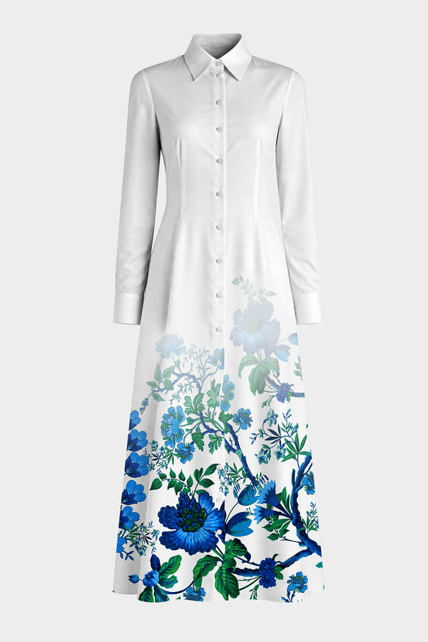 S Blue Floral Maxi Shirt Dress with Pockets