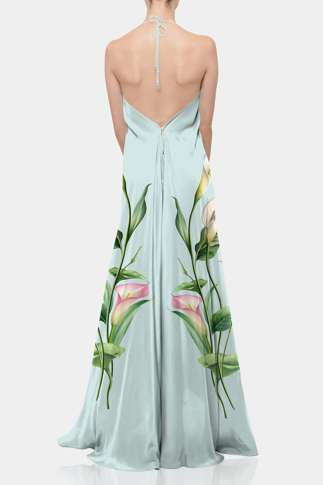 One size Mint Green Silk Halter Maxi Dress with Lily Floral Print