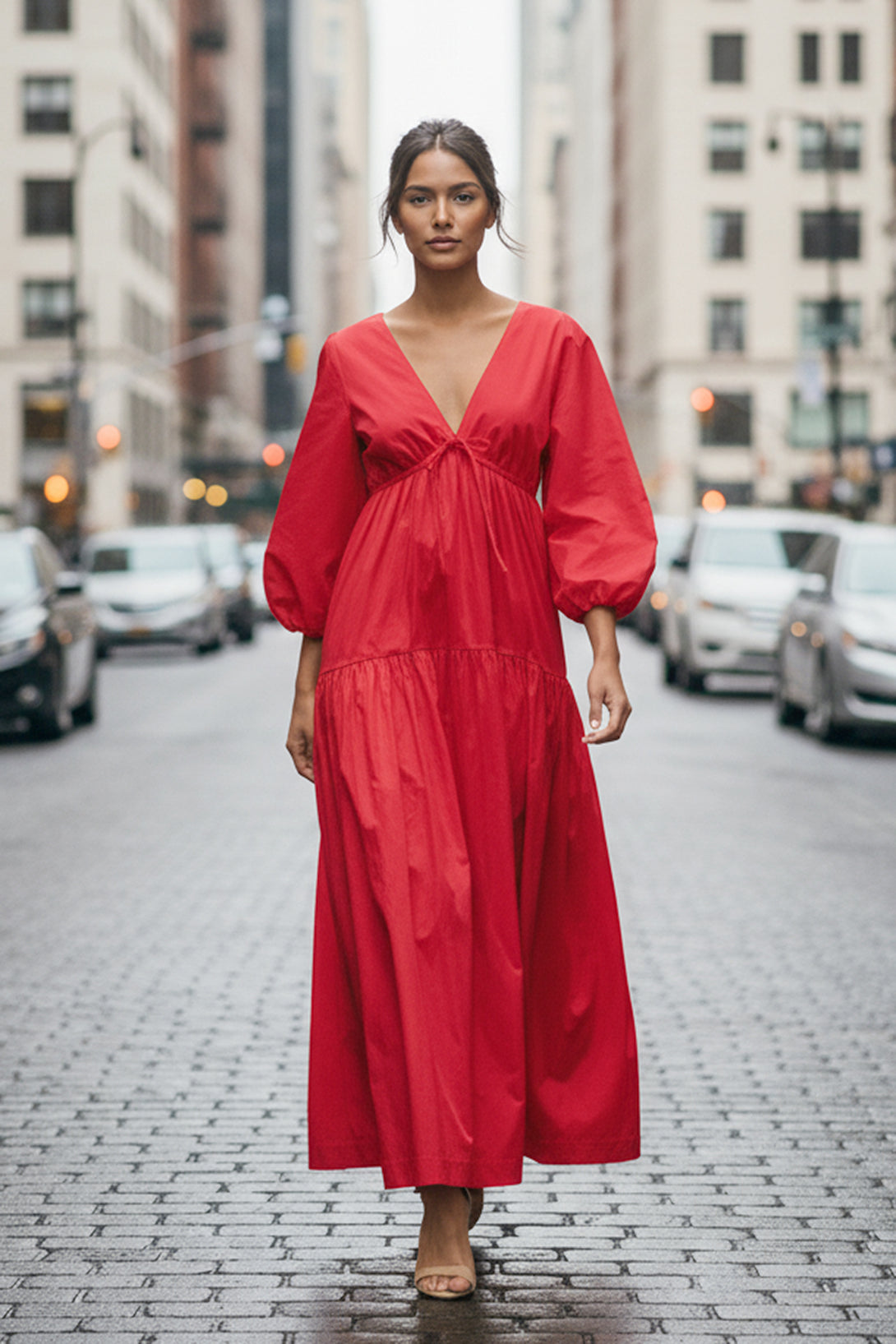 sophisticated red maxi dress, glamorous red designer wear, formal luxury red dress, timeless red fashion look, red puff sleeve gown, elegant women’s evening dress, shahida parides designer gown, classy red fashion outfit