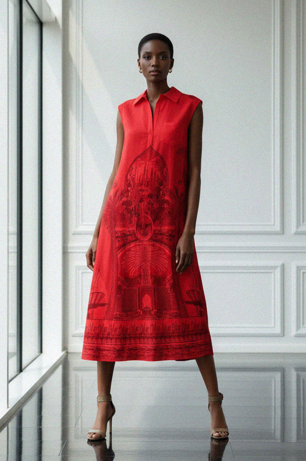 Shahida Parides red midi dress featuring intricate tonal print sleeveless design and button detail for luxury resort and cocktail style