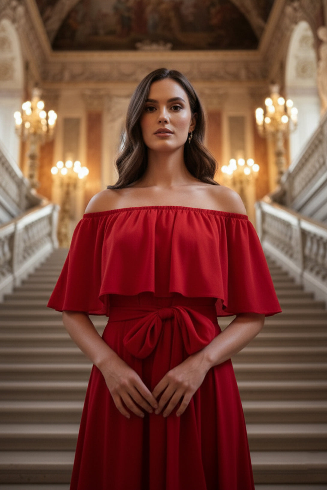 stylish off shoulder red dress, chic evening fashion look, sophisticated red maxi gown, couture red evening wear, glamorous red designer outfit, classy women’s red dress, modern red fashion outfit