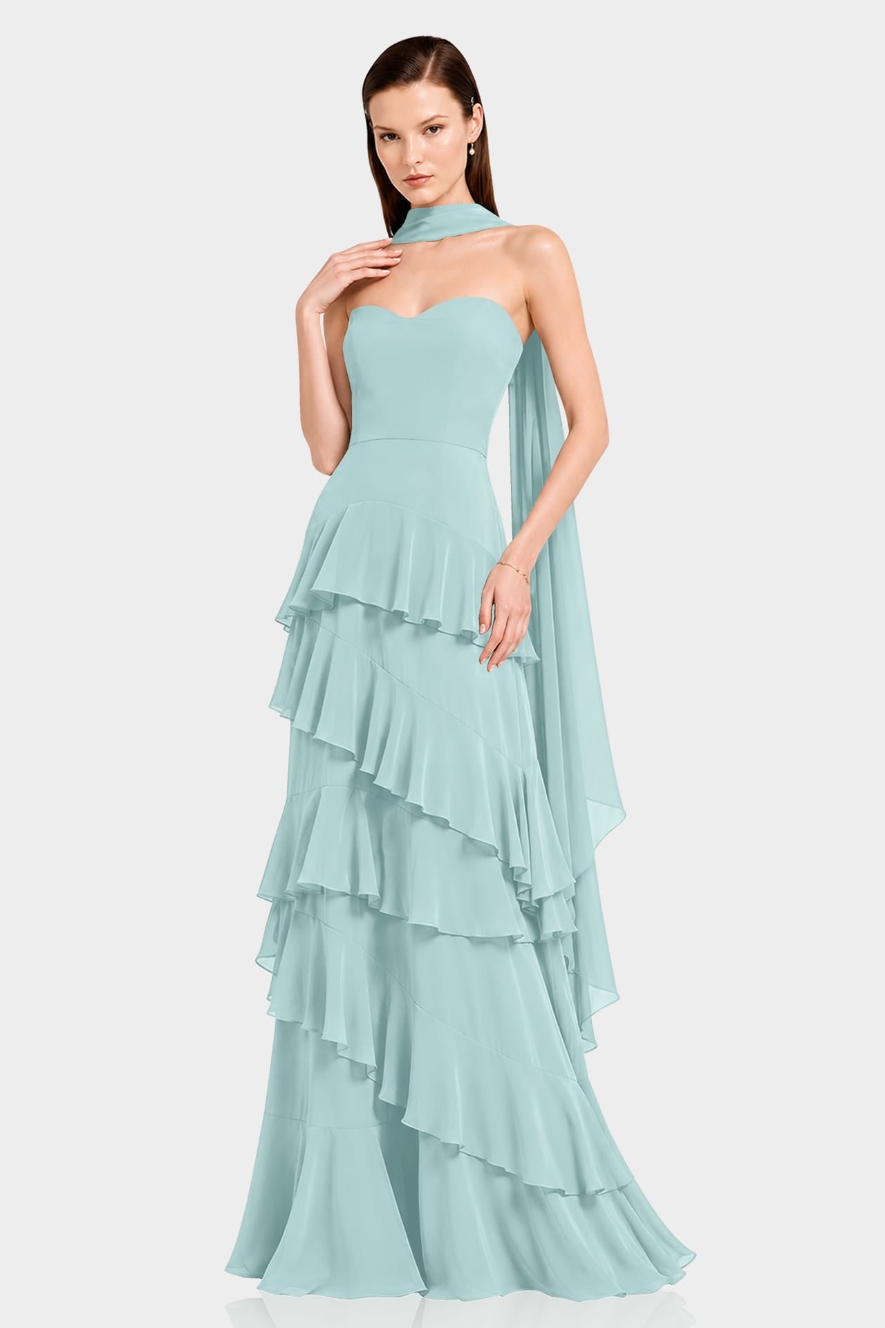 Aqua Green Strapless Tiered Ruffle Maxi Dress