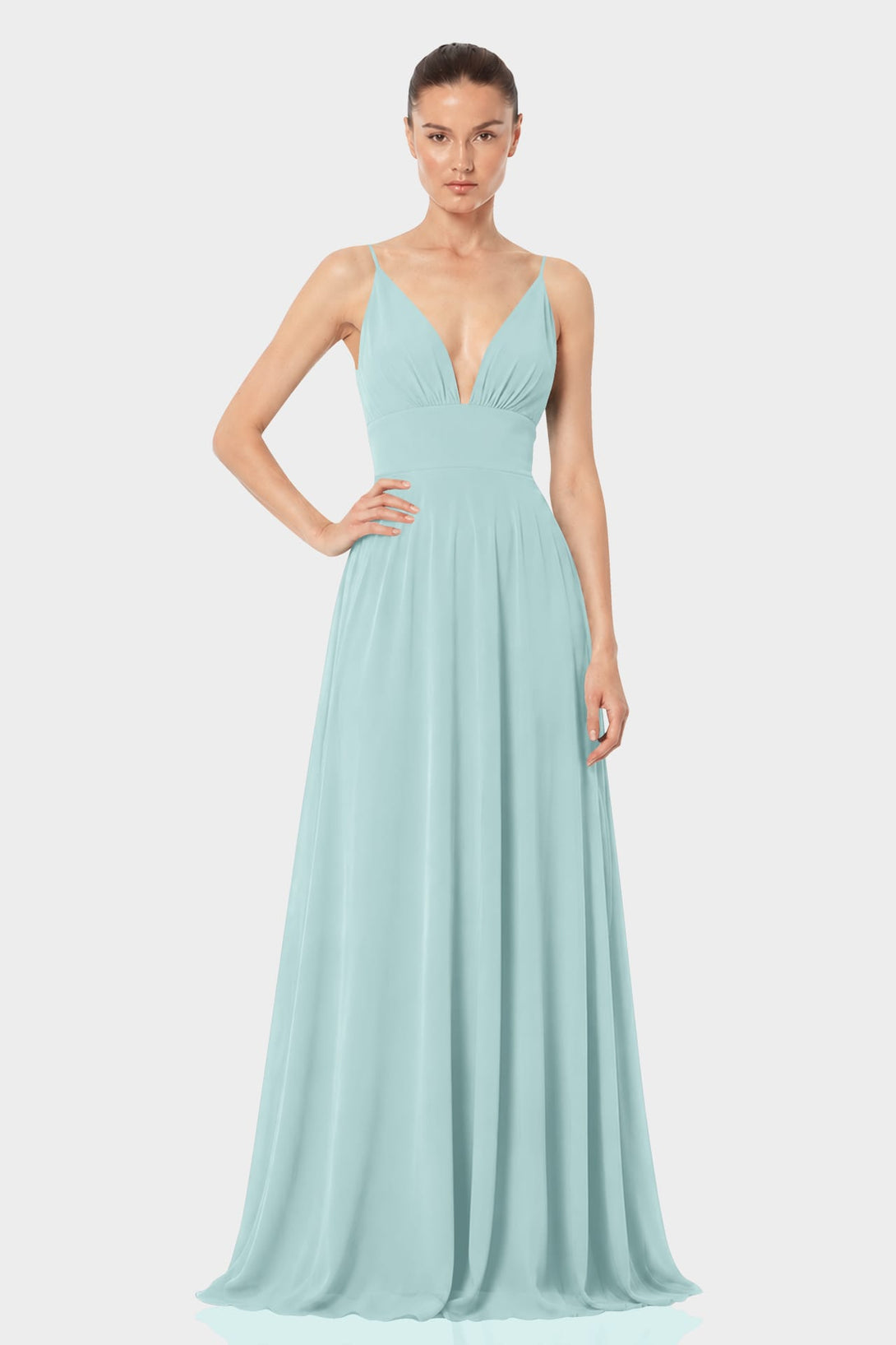 S Aqua Green Chiffon Plunge Neck Maxi Dress
