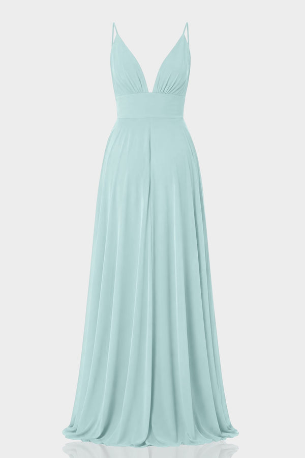 S Aqua Green Chiffon Plunge Neck Maxi Dress
