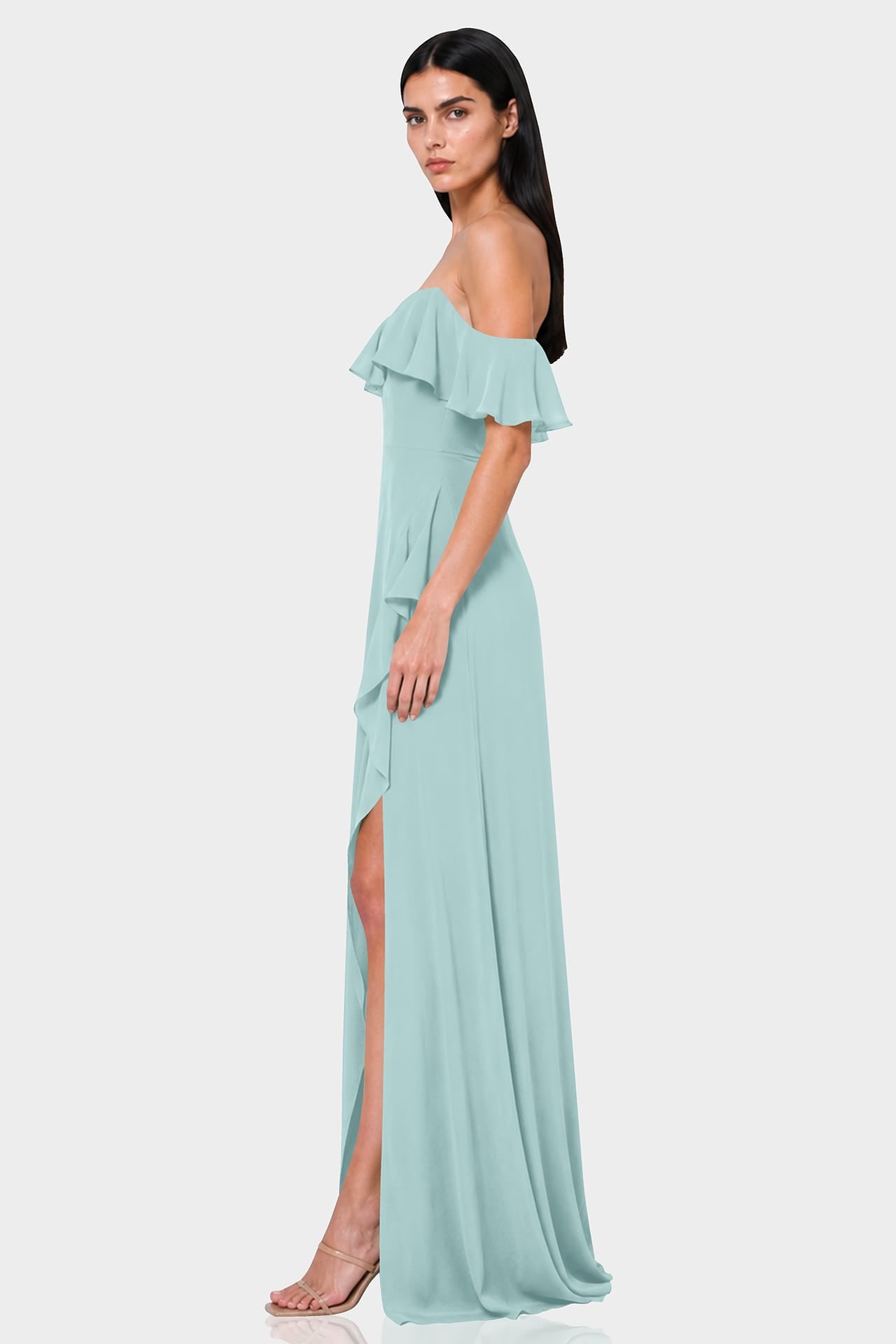 S Aqua Green Off-Shoulder Ruffle Chiffon Fit & Flare Maxi Dress