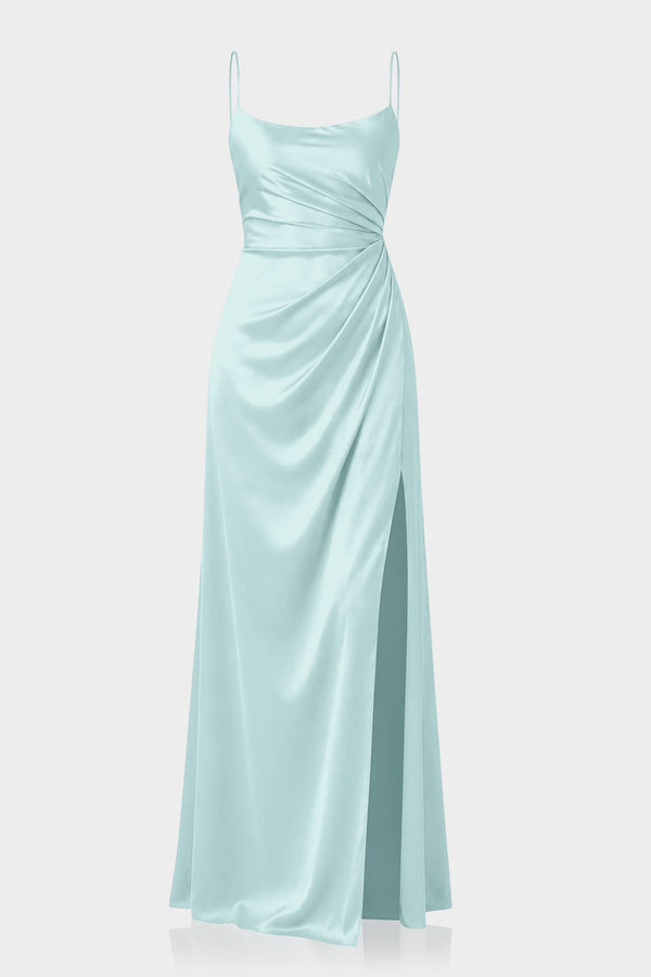 S Aqua Green Square Neckline Draped Satin Maxi Dress