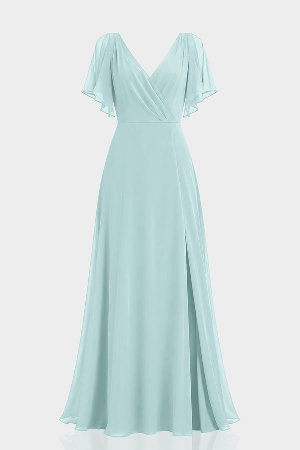 Aqua Green Chiffon Plunge Neck Maxi Dress