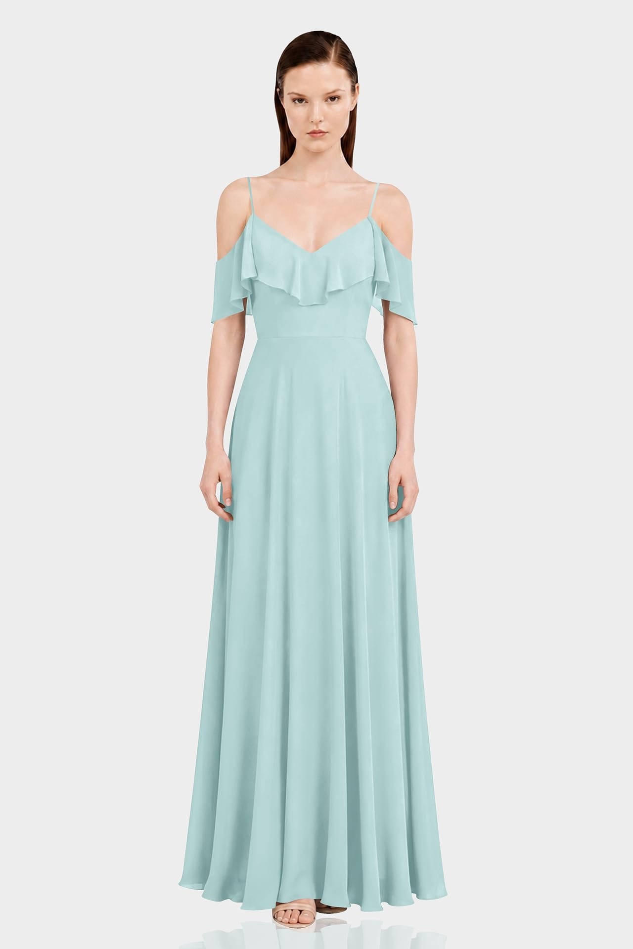 aqua flutter maxi dress S Green Off-Shoulder Ruffle Chiffon Fit & Flare Product Size:FR34 offering movement and a White Iridescent Sequin Long green_matching_dress