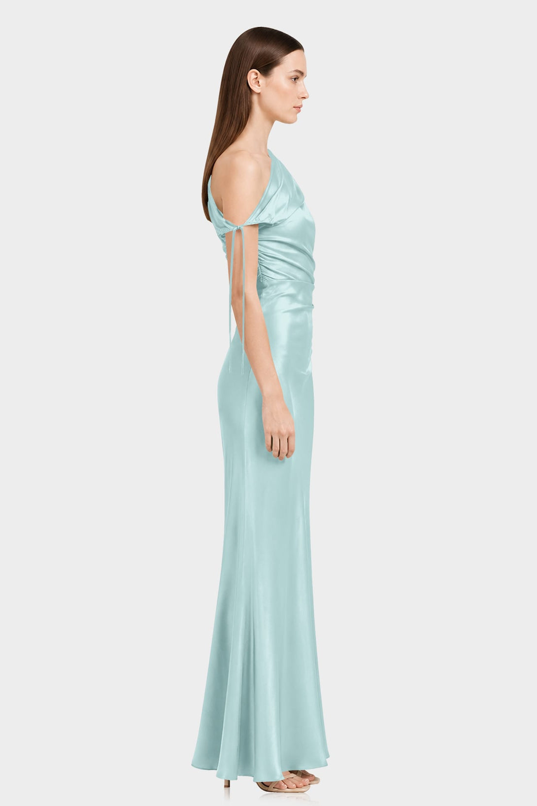 one shoulder aqua dress S Green Ruched Satin Maxi Blue Textured Cloque Corset satin dress with bow Color:Pink Coral Zipper Closure Features