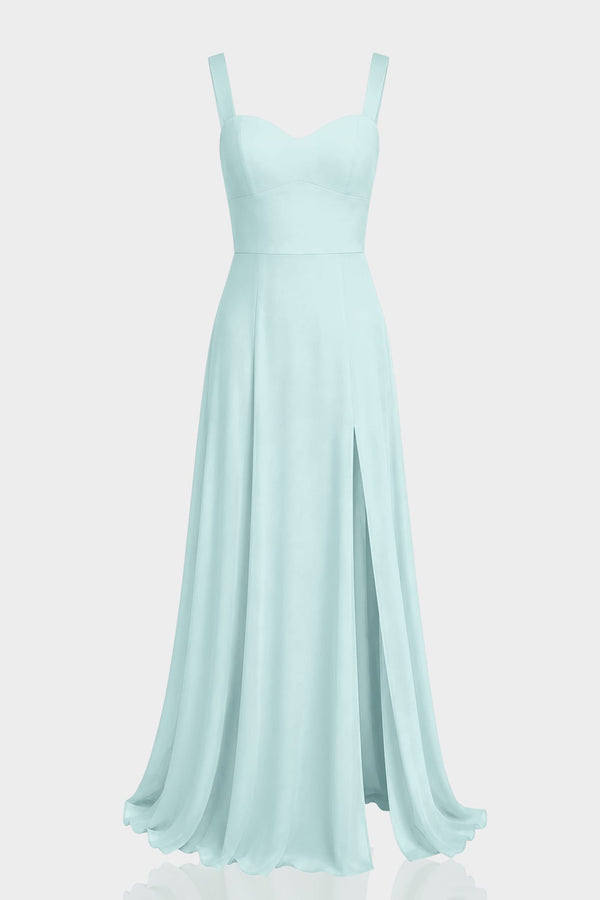 S Aqua Green Square Neckline Draped Satin Maxi Dress
