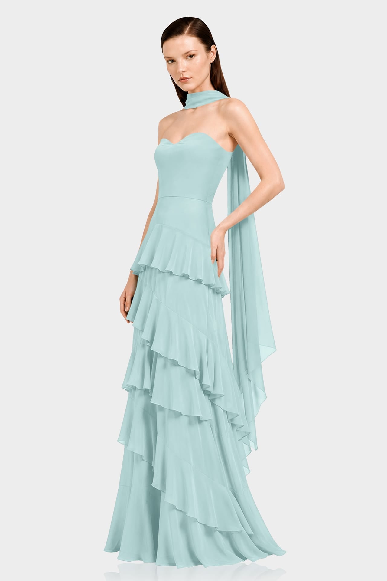 S Aqua Green Luxury Strapless Tiered Ruffle Maxi Dress