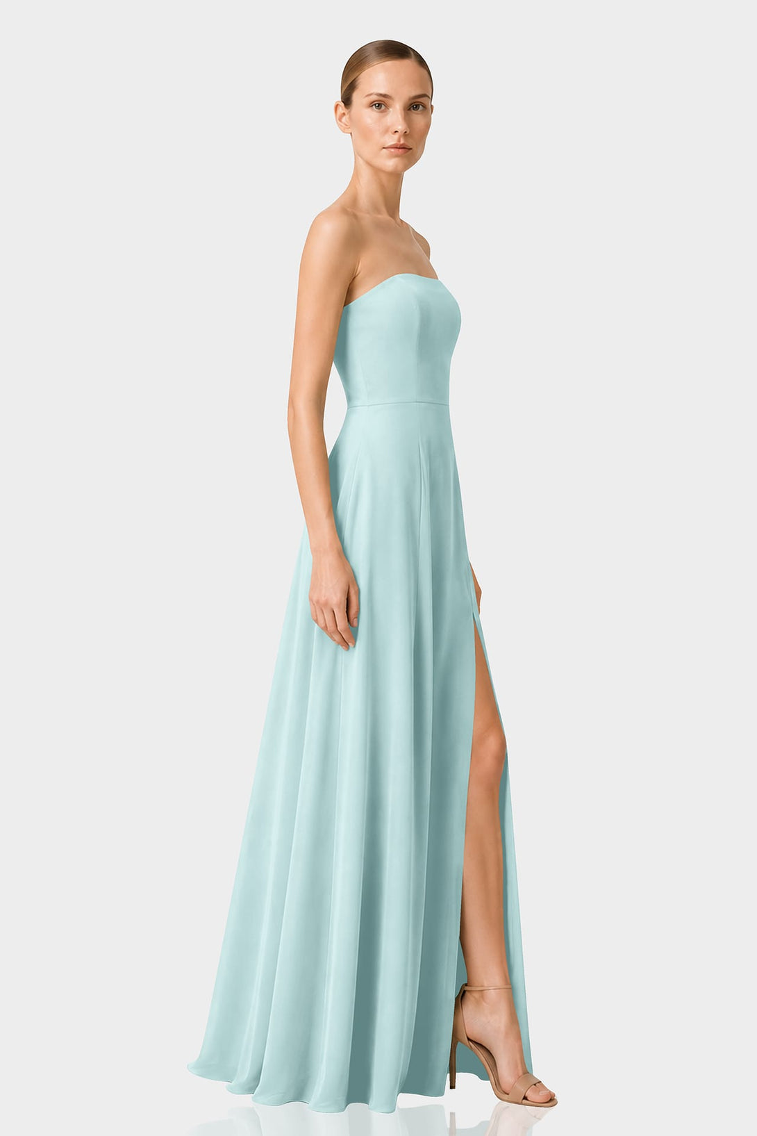 aqua green dress for wedding S Strapless Front Slit Satin Georgette Maxi adult-lounge-wear