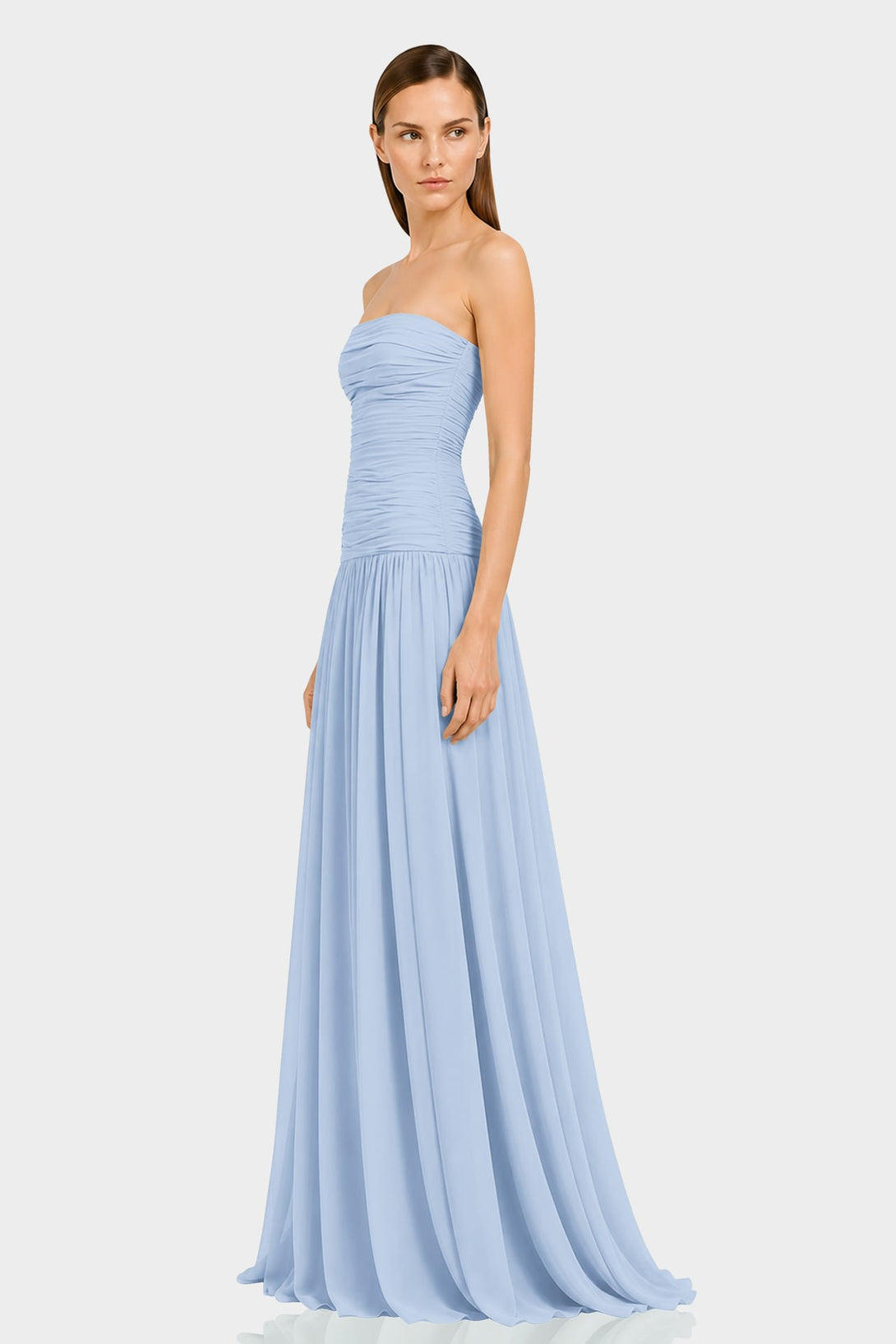 S Powder Blue Strapless Ruched Chiffon Maxi Dress