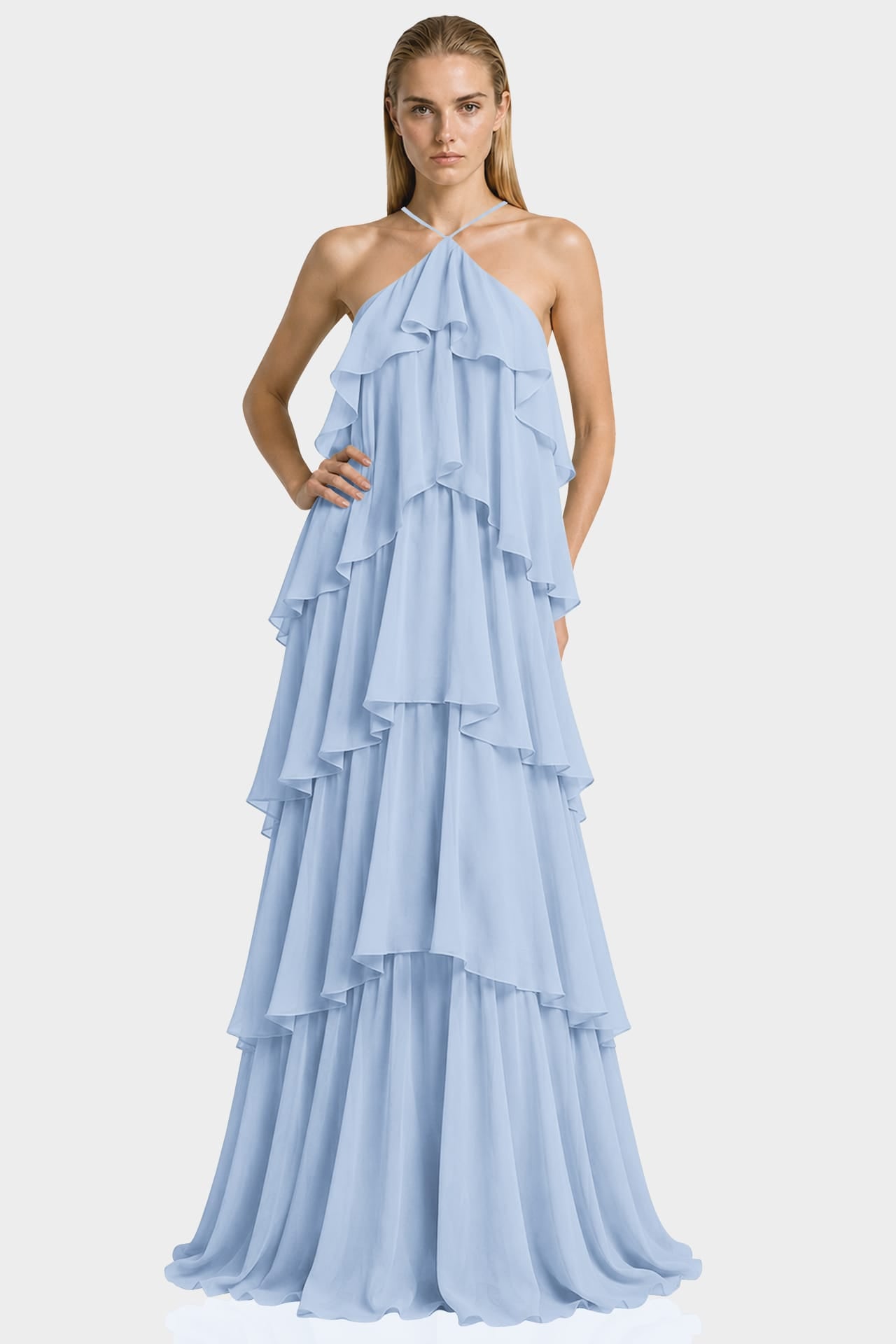 Powder Blue Chiffon Halter Maxi Dress