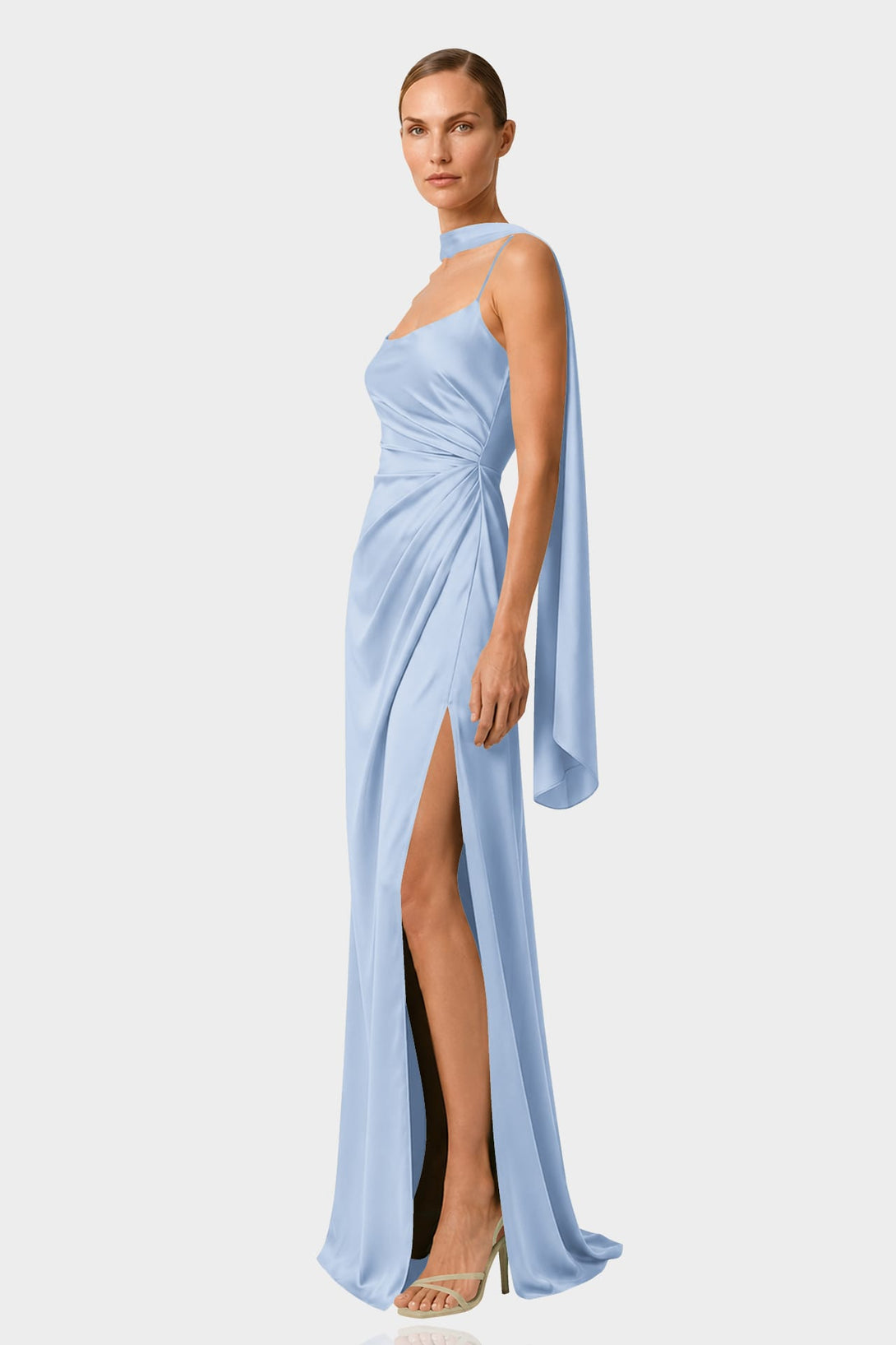 powder blue satin dress S Draped Maxi with Scarf Neck & Side Slit Women's Lace Trim Midi maxi gown dress Size:50 Regular Jacket+44 Waist Adjust 40to46)Height: 5'7