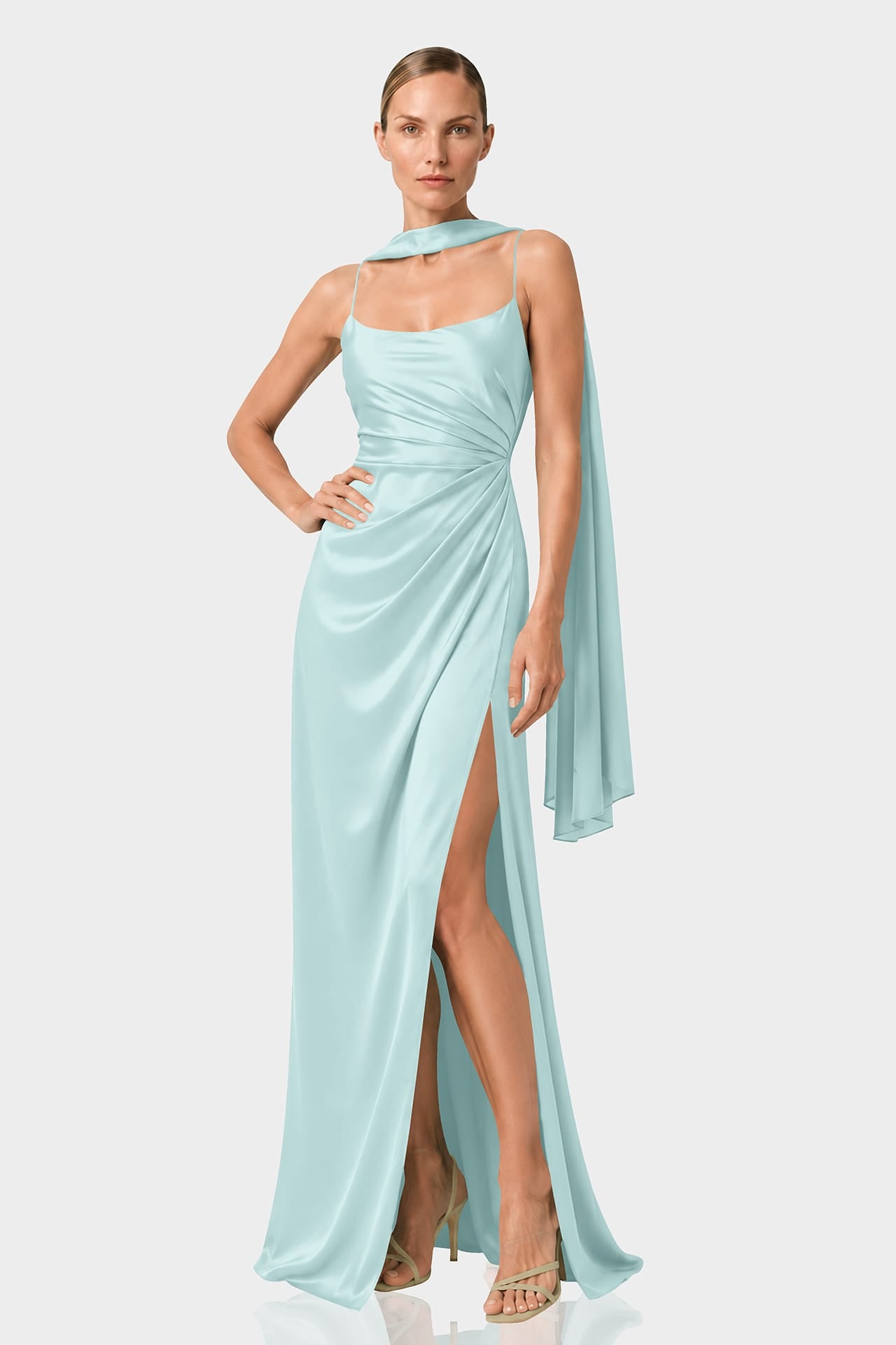 aqua gowns & formal dresses S Green Square Neckline Draped Satin Maxi Dress INFL Dai Time Open Back Mermaid Maxi Elastic Cloth Size:3.5 (US 6.)