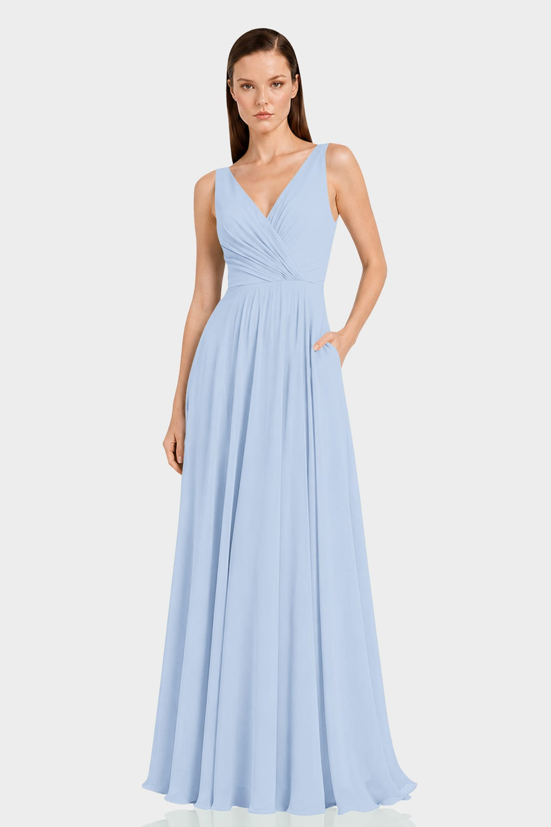Powder Blue V-Neck Chiffon Fit & Flare Maxi Dress – Shahida Parides