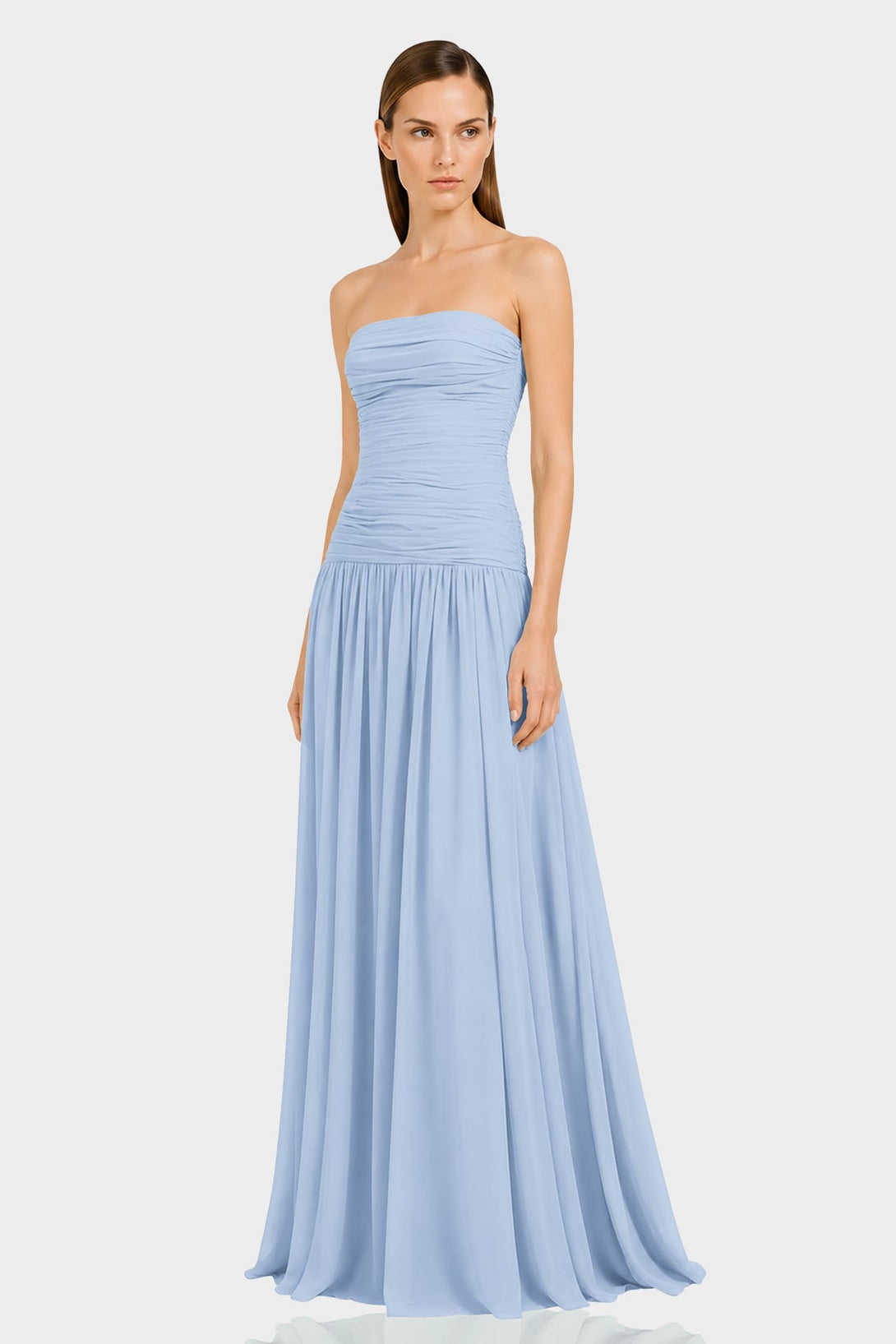 S Powder Blue Strapless Ruched Chiffon Maxi Dress